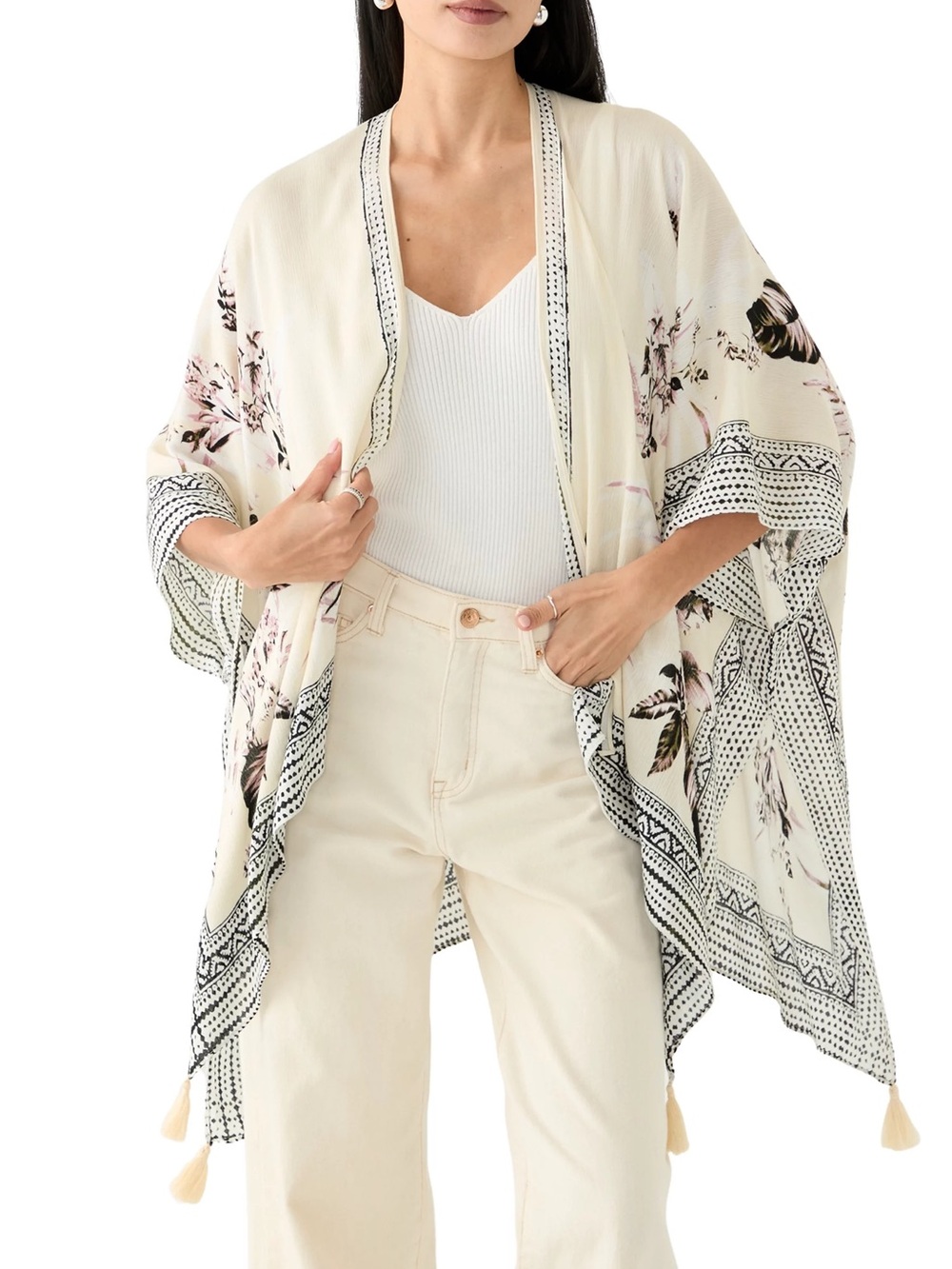 Vince Camuto Banana Topper Floral Kimono Tassel Open Cardigan Cover Up OS